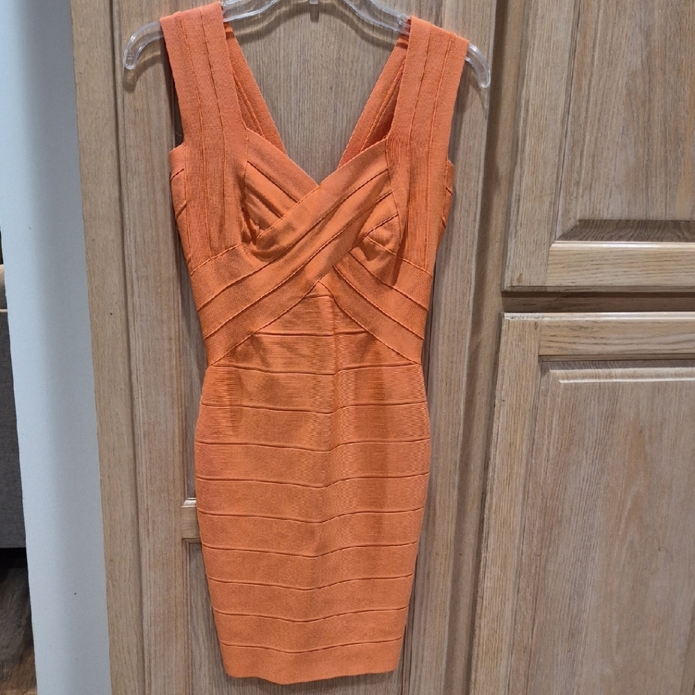 Herve Leger Orange Bandage V-Neck Mini Dress